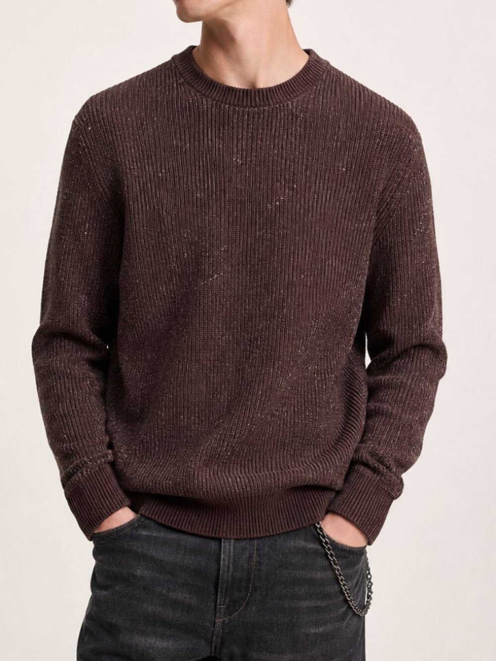 AllSaints Brown Marl Textured Knit Crewneck Sweater Men’s Size Medium